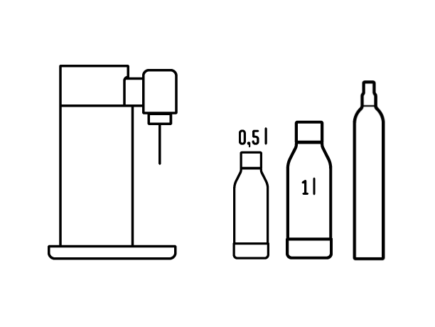 Outline of a Toby sparkling water maker, two water bottles and a CO2 cylinder