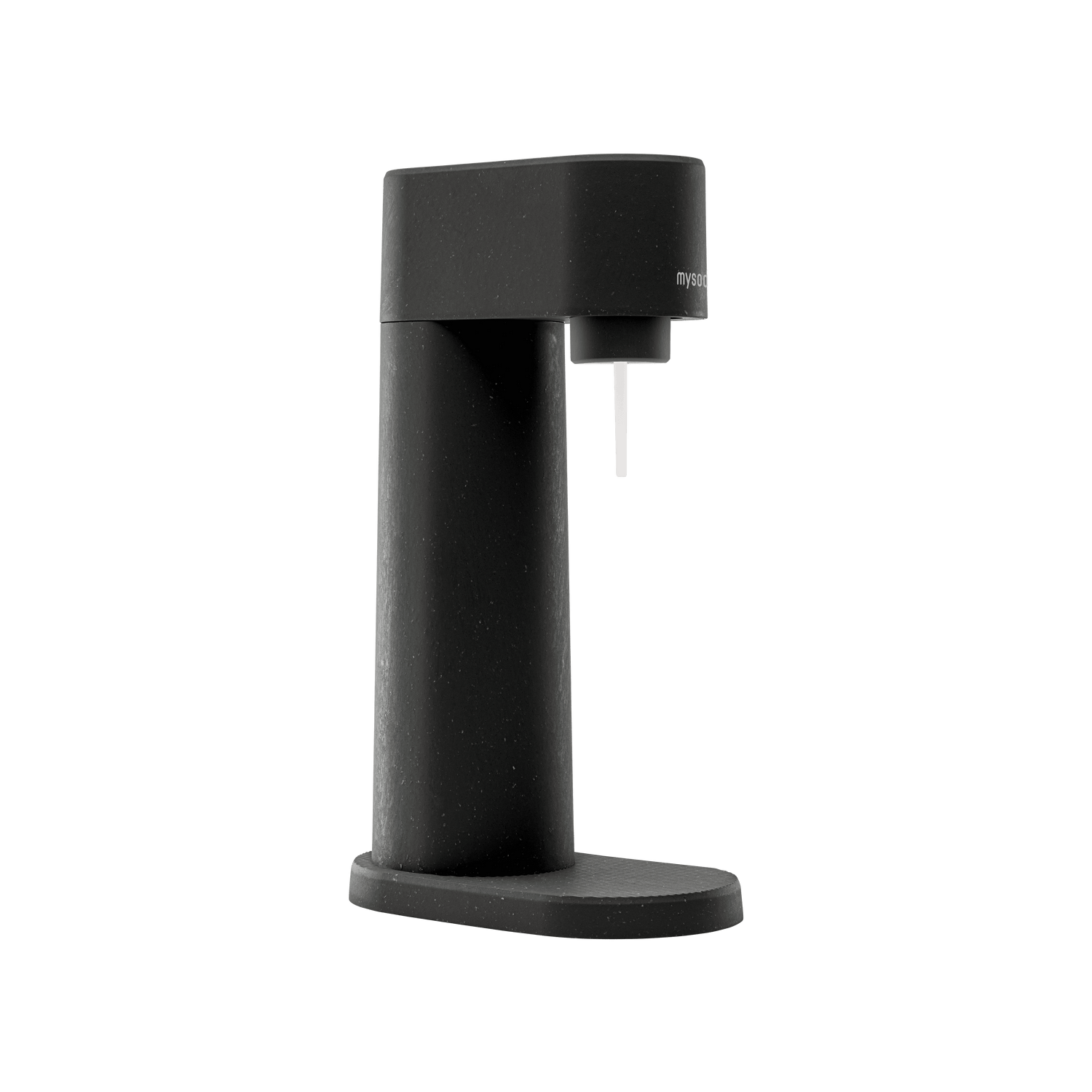 A black Woody sparkling water maker viewed from the side