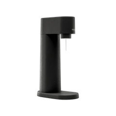 A black Woody sparkling water maker viewed from the side