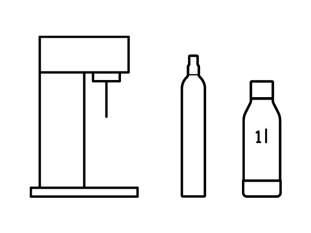 Outline of a Woody sparkling water maker, a water bottle and a CO2 cylinder