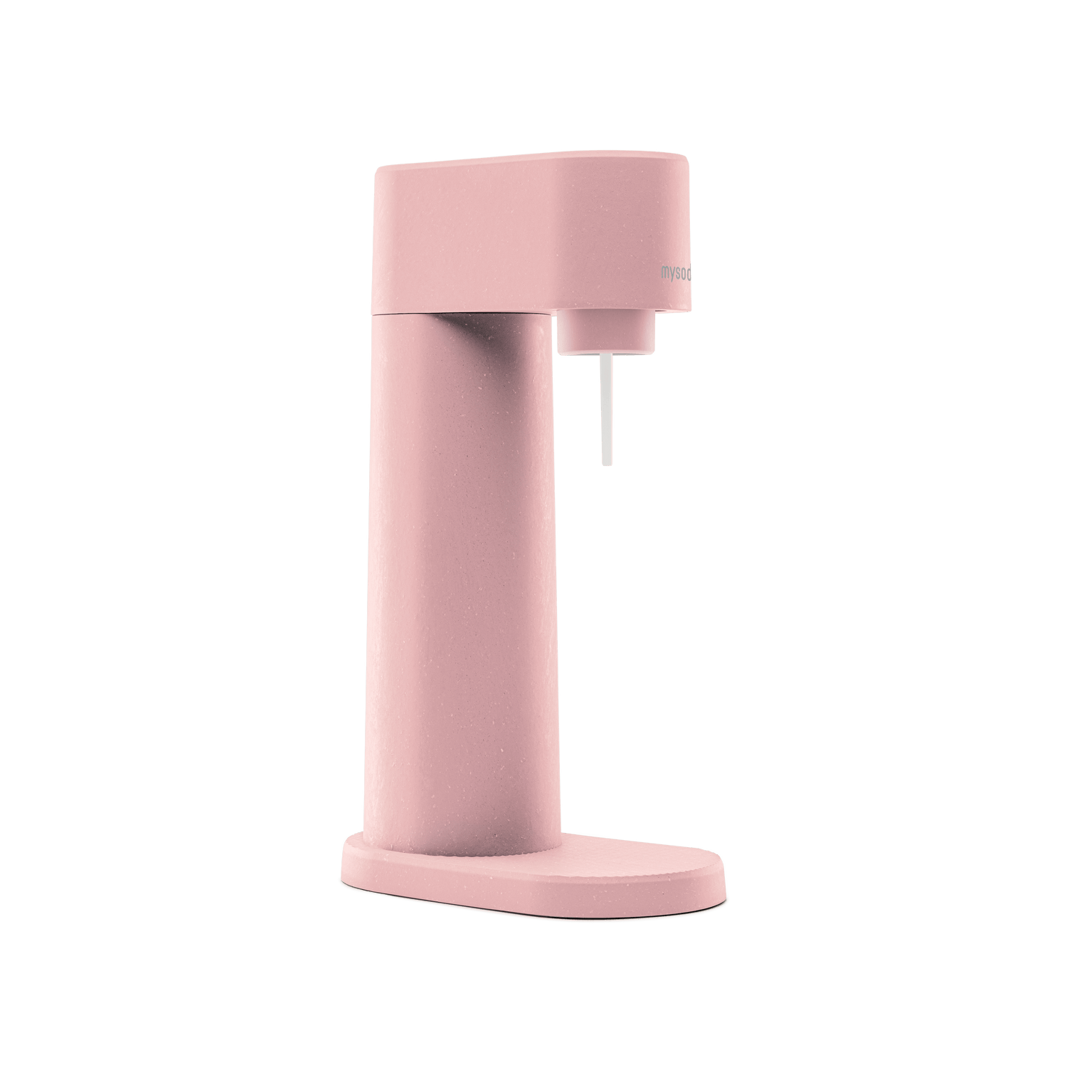 A pink Woody sparkling water maker viewed from the side