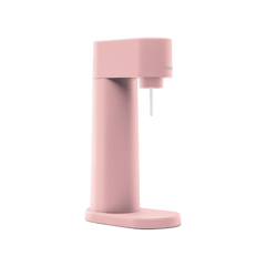 A pink Woody sparkling water maker viewed from the side