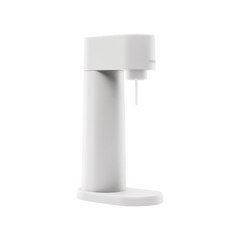 A white Woody sparkling water maker viewed from the side