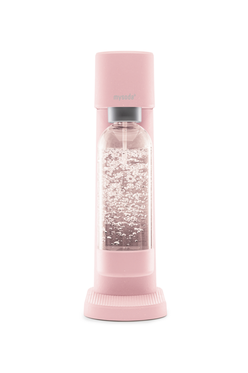 A pink woody sparkling water maker viewed from the front