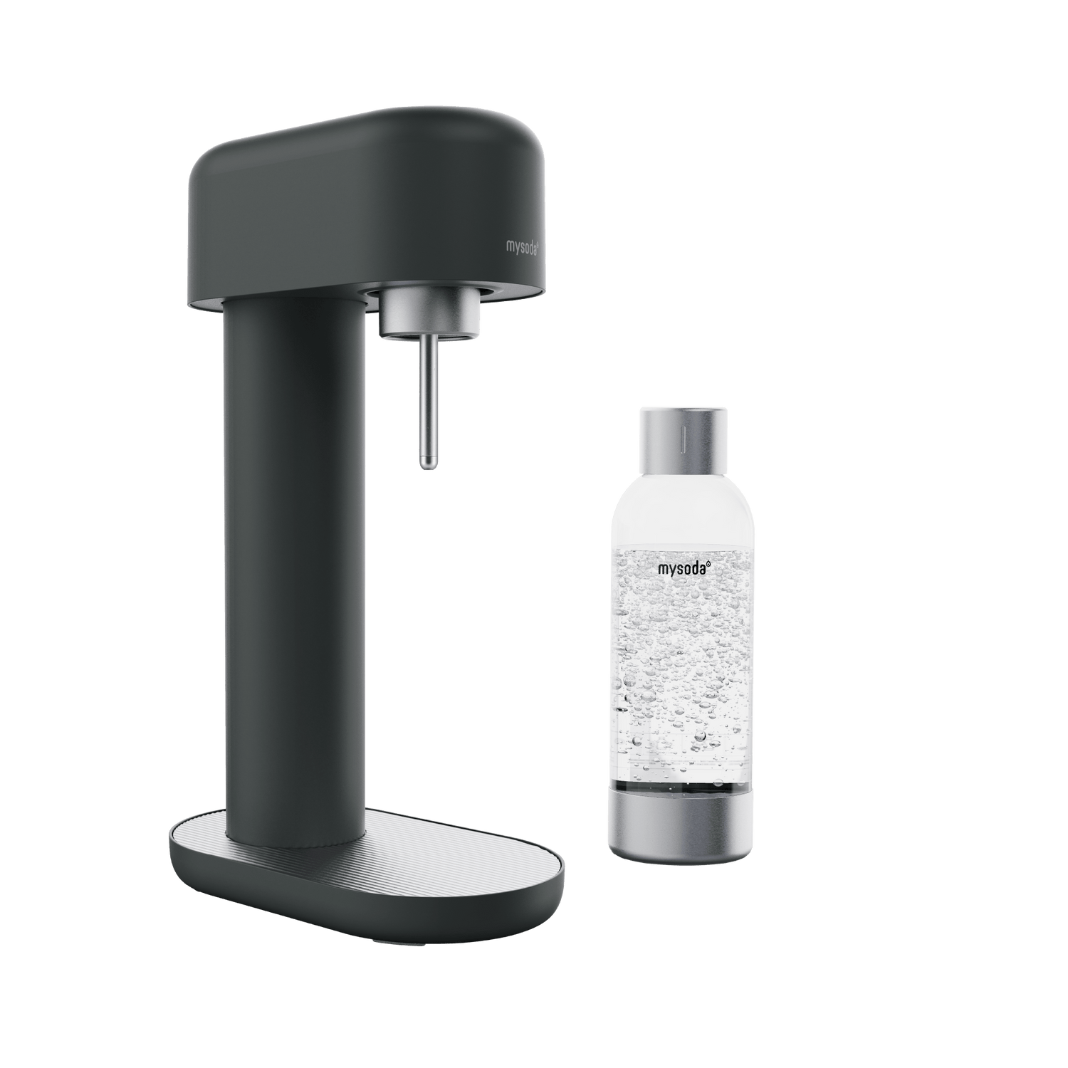 A black-silver Ruby 2 sparkling water maker viewed from the side and a silver premium water bottle