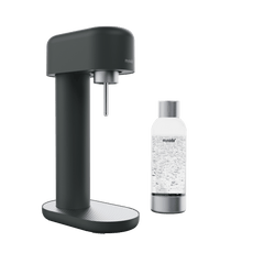 A black-silver Ruby 2 sparkling water maker viewed from the side and a silver premium water bottle