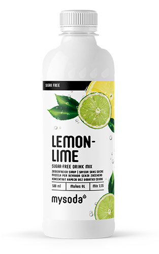 Eine Flasche zuckerfreier Mysoda Sirup Zitrone-Limette