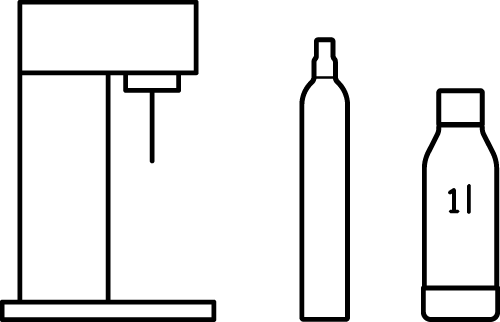 Zeichnung eines Mysoda Woody Wassersprudlers, eines CO2 Zylinders, und einer Wasserflasche
