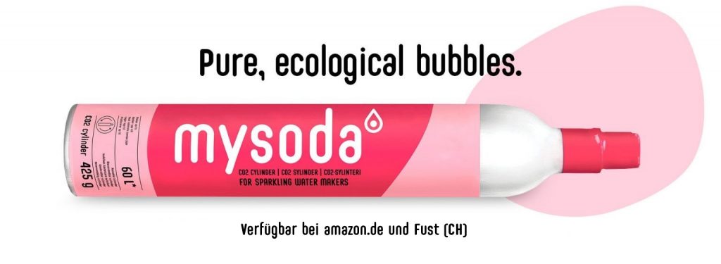 Ein Mysoda CO2-Zylinder mit umweltfreundlichem Sprudel. Verfügbar bei amazon.de und Fust CH)