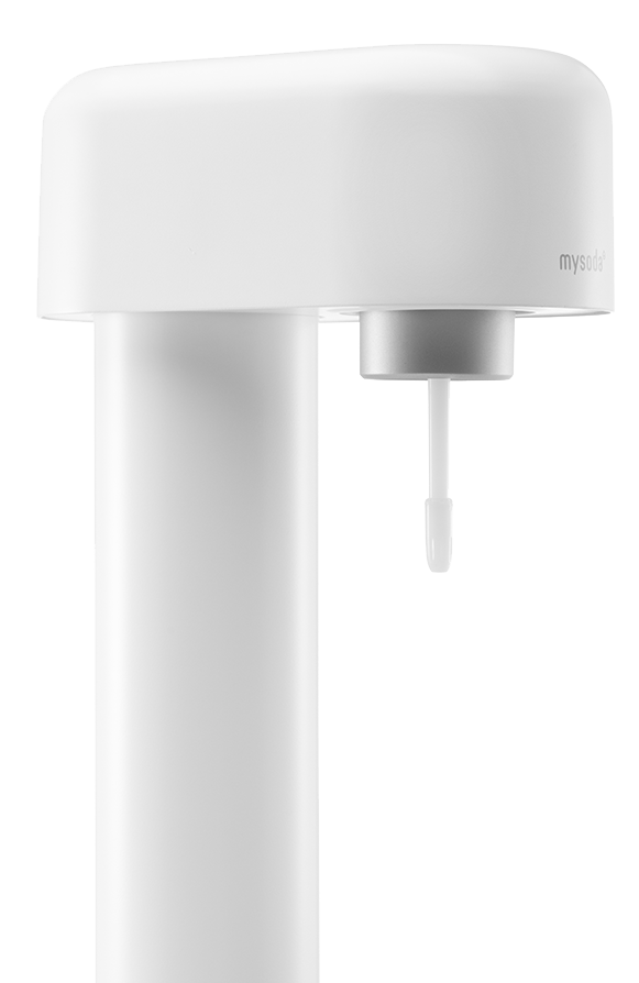 Le haut d'une machine à eau pétillante Mysoda Ruby blanche vue de côté