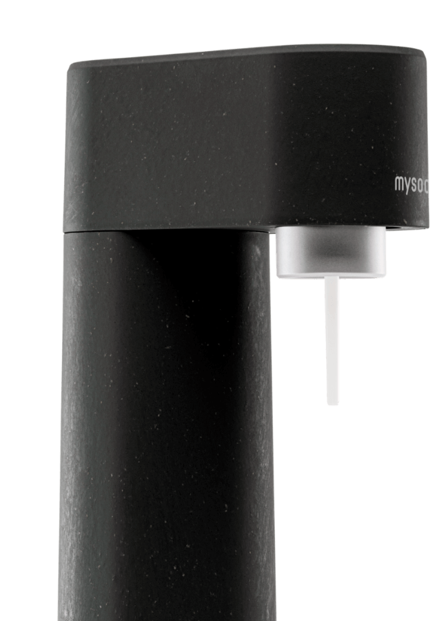 Le haut d'une machine à eau pétillante Mysoda Woody noire vue de côté