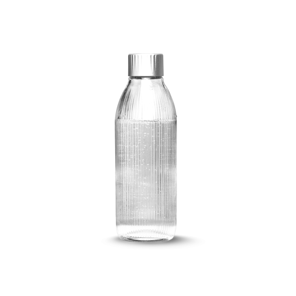 Une bouteille en verre Mysoda avec bouchon argenté