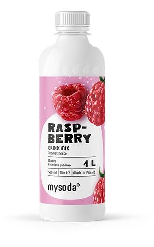 En flaske Mysoda drikkeblanding hindbær