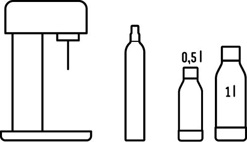 Piirros Mysoda Ruby hiilihapotuslaitteesta, kahdesta juomapullosta ja CO2 sylinteristä