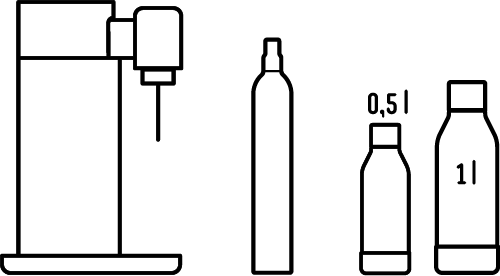 En ritning av en Mysoda Toby kolsyremaskin och två flaskor