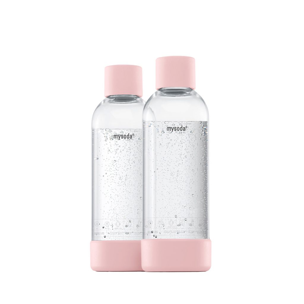 Due bottiglie d'acqua Mysoda da 1 litri rosa