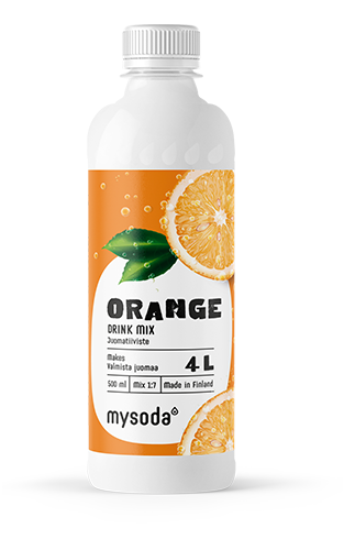 En flaske med Mysoda tranebær drinkmiks En flaske med Mysoda appelsin drinkmiks