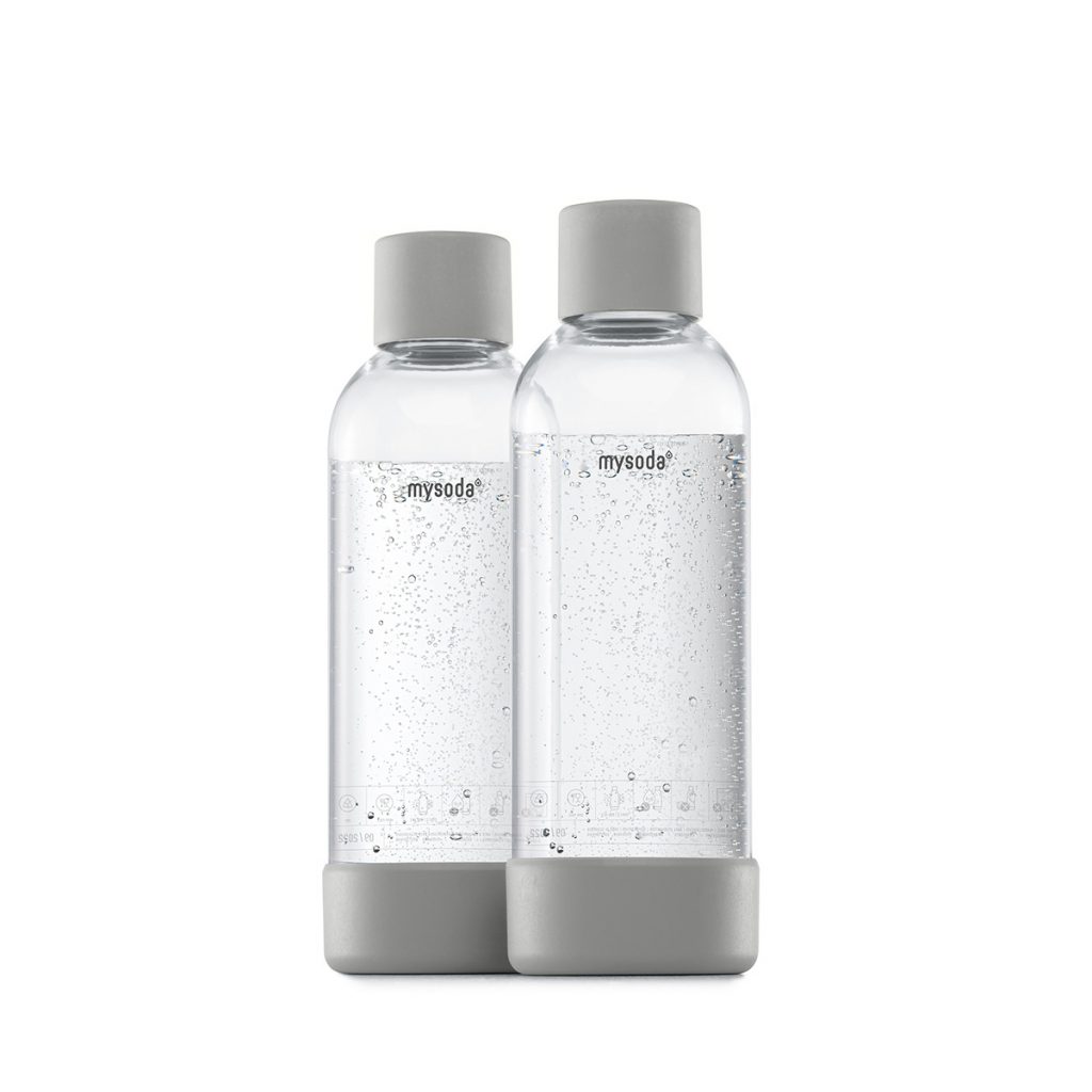 To 1 liter Mysoda vannflasker i grå