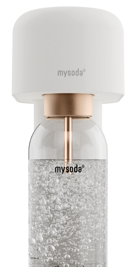 Toppen av en hvit-kobber Mysoda Ruby 2 kullsyremaskine sett forfra