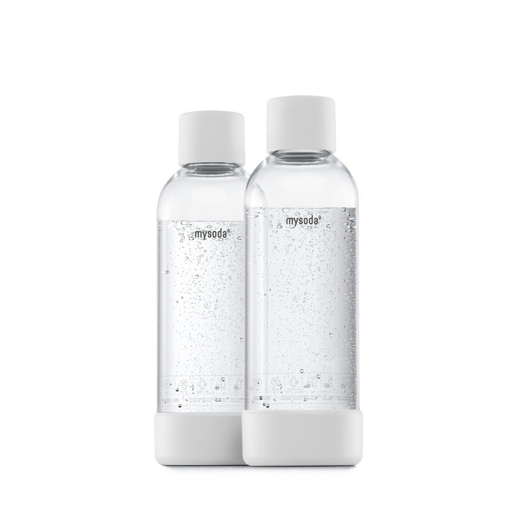 Två 1 liter Mysoda vattenflaskor vit