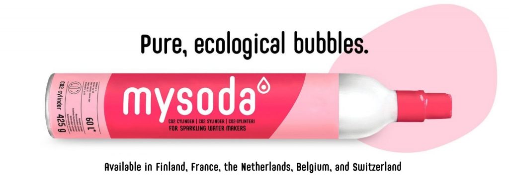 A Mysoda CO2 cylinder filled with ecological bubbles. Available in Finland, France, the Netherlands, Belgium, and Switzerland