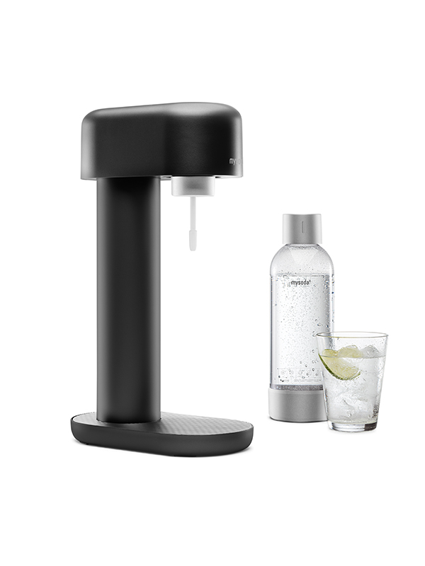 A Mysoda Ruby sparkling water maker, colour black, with bottle and a glass of water viewed from the side.