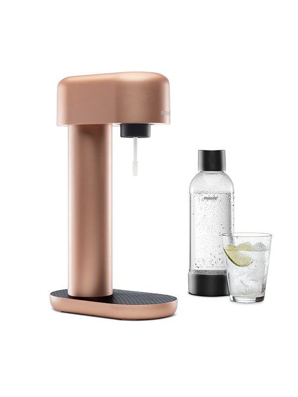 A Mysoda Ruby sparkling water maker, colour copper, with bottle and a glass of water viewed from the side.