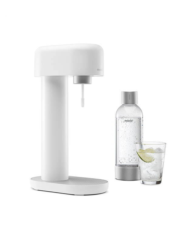 A Mysoda Ruby sparkling water maker, colour white, with bottle and a glass of water viewed from the side.