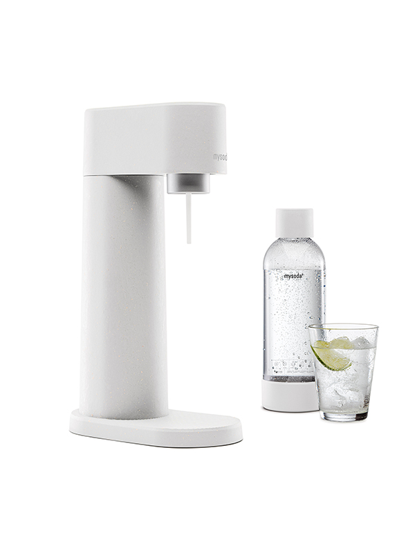 A Mysoda Woody sparkling water maker, colour white, with bottle and a glass of water viewed from the side.