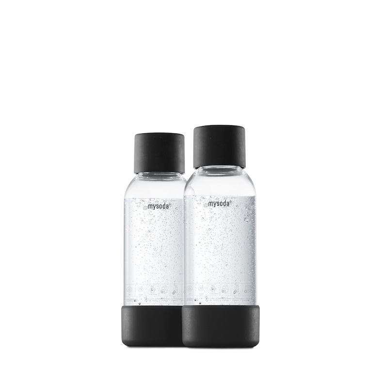 Two 0.5L Mysoda water bottles with black lid and bottom made of wood composite.