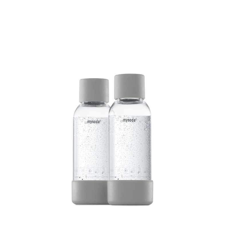 Two 0.5L Mysoda water bottles with gray lid and bottom made of wood composite.
