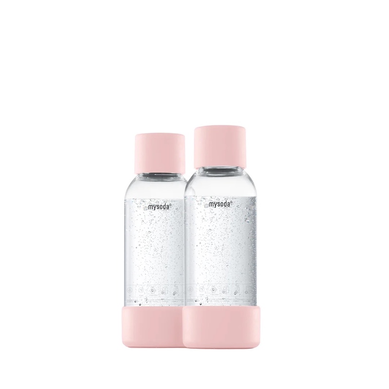 Two 0.5L Mysoda water bottles with pink lid and bottom made of wood composite.