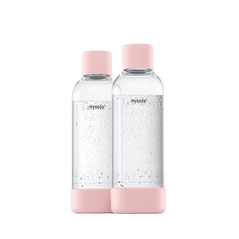 Two 1L Mysoda water bottles with pink lid and bottom made of wood composite.