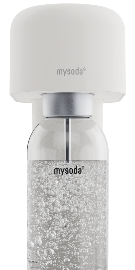 The top part of a white and silver Mysoda Ruby sparkling water maker viewed from the front.