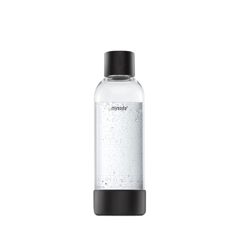 A 1L Mysoda premium water bottle with a black stainless-steel lid and bottom