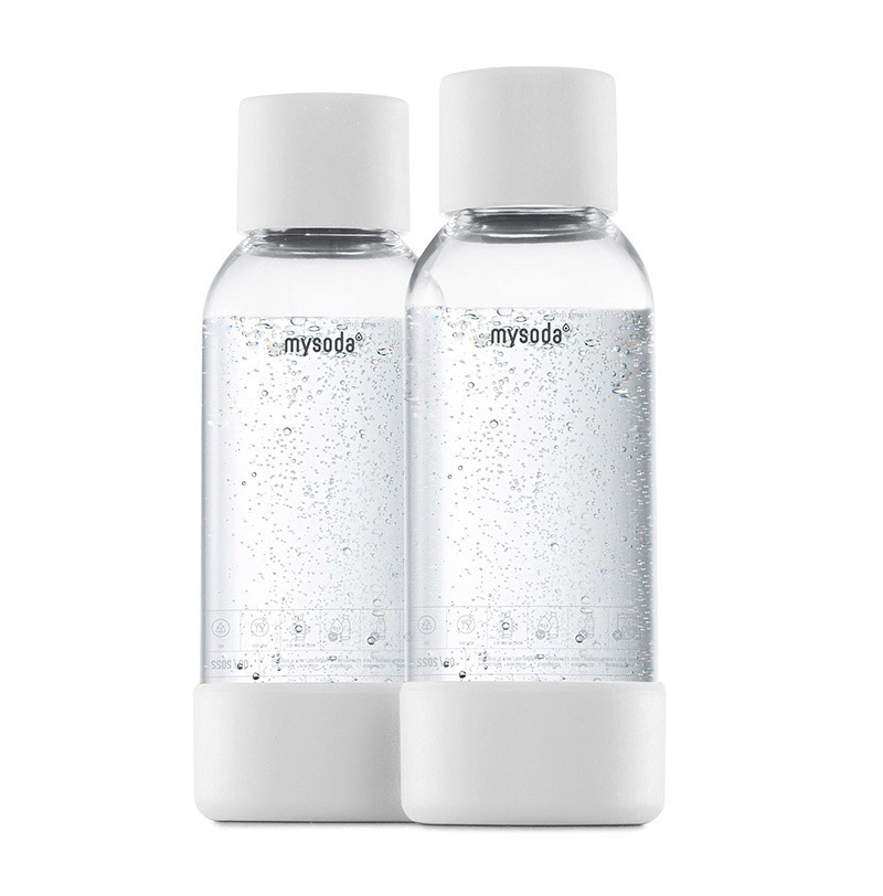 Two 0.5L Mysoda water bottles with white lid and bottom
