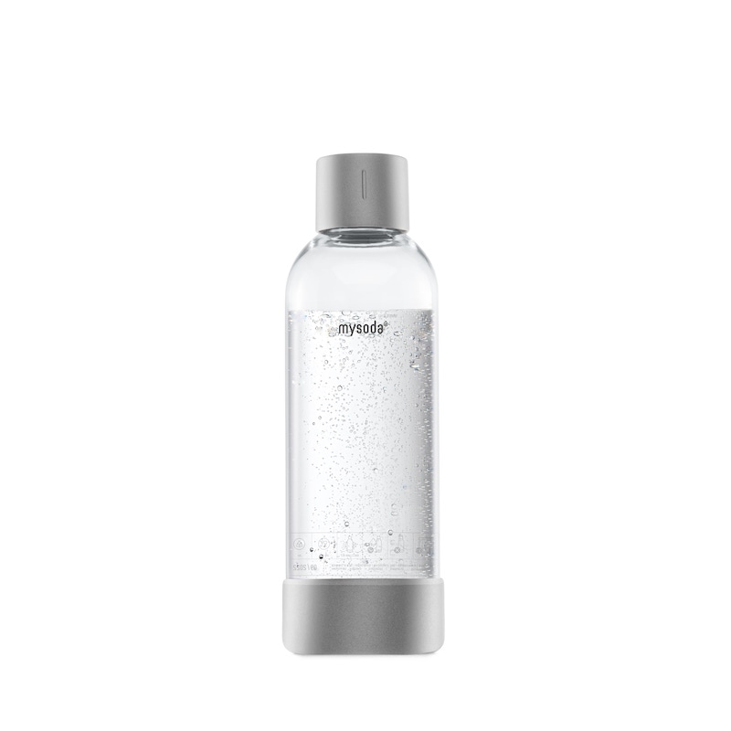 A 1L Mysoda premium water bottle with a silver stainless-steel lid and bottom