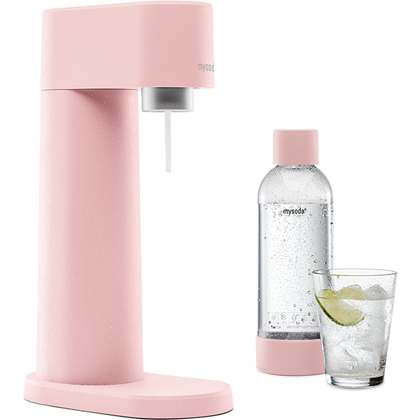 A pink Woody sparkling water maker with bottle