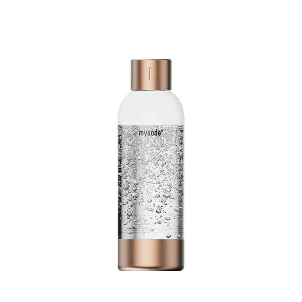 A 1L Mysoda premium water bottle with a copper stainless-steel lid and bottom