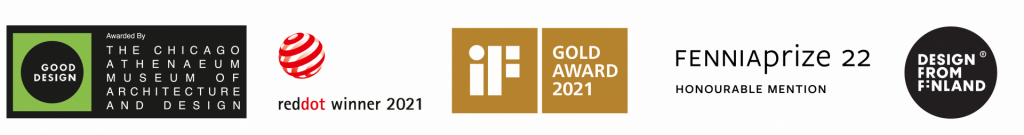 Logos for Green Good Design Award, reddot design award, iF gold award, Design from Finland and the Fennia Prize