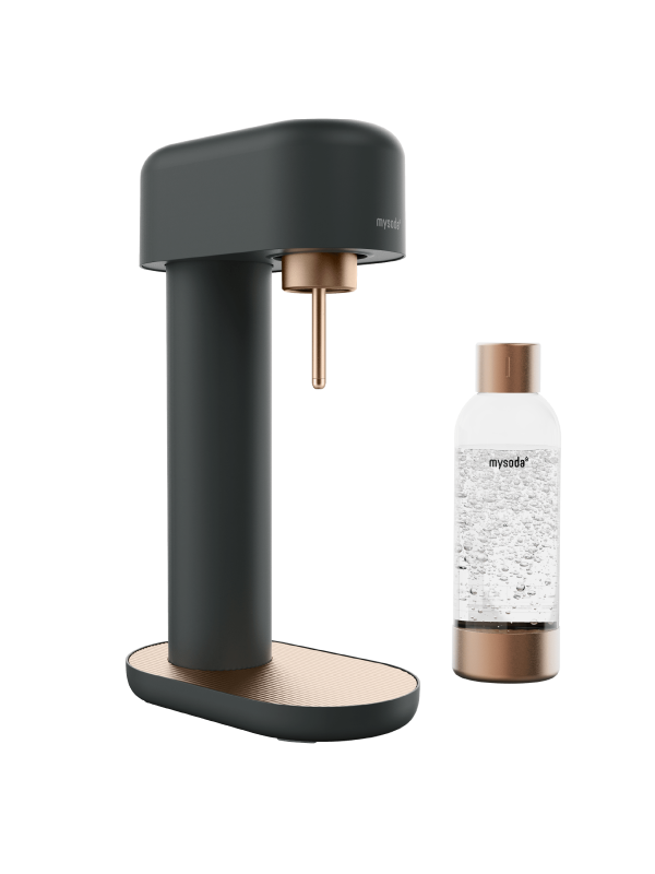 A black-copper Mysoda Ruby 2 sparkling water maker with water bottle