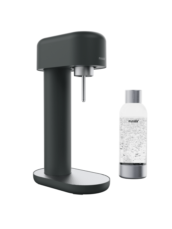 A black-silver Mysoda Ruby 2 sparkling water maker with water bottle