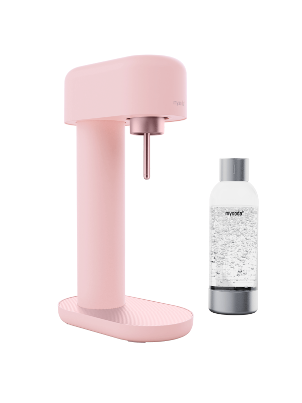 A pink Mysoda Ruby 2 sparkling water maker with water bottle