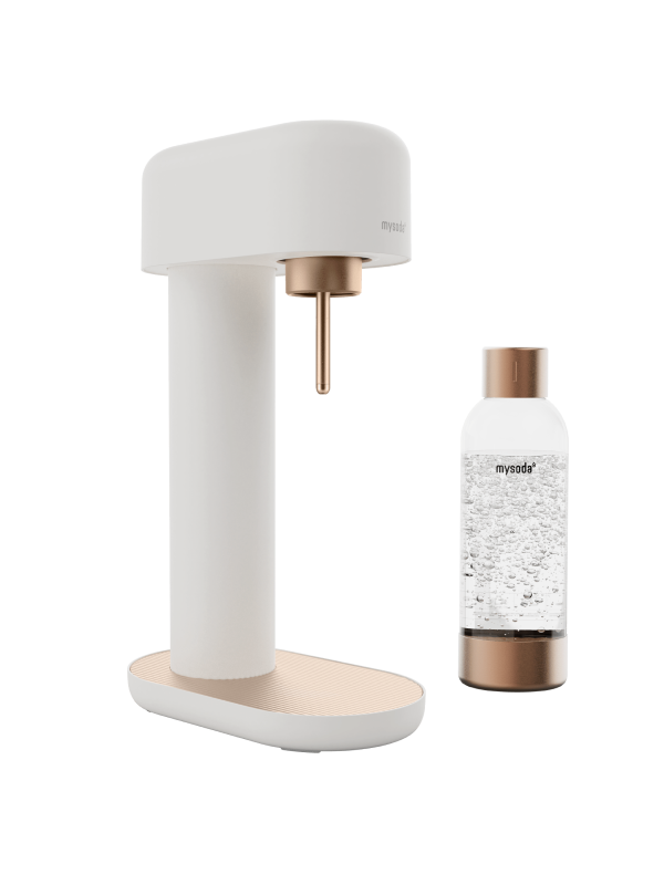 A white-copper Mysoda Ruby 2 sparkling water maker with water bottle