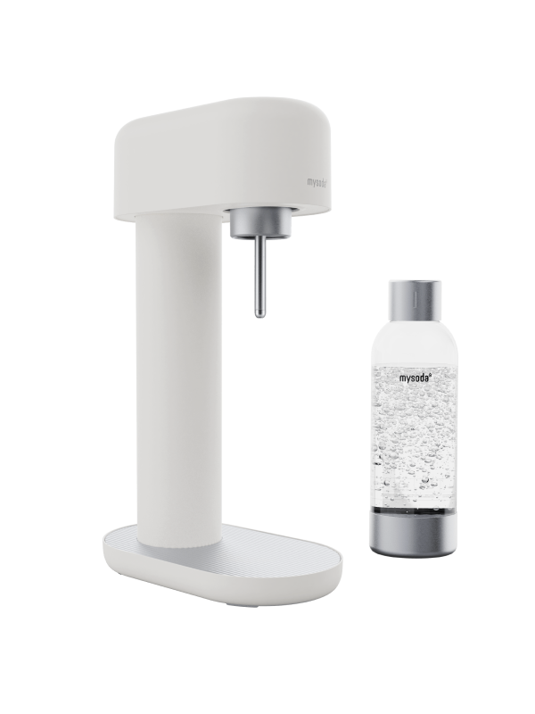 A white-silver Mysoda Ruby 2 sparkling water maker with water bottle