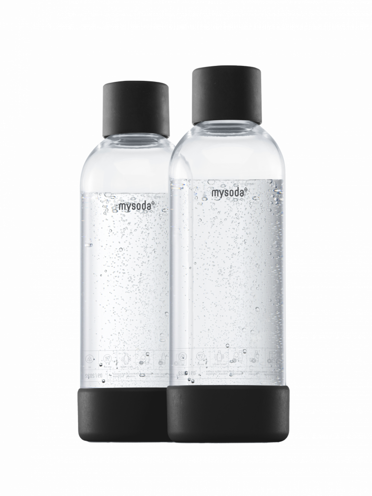 Two Mysoda plastic water bottles with black bottom and lid. 1L.