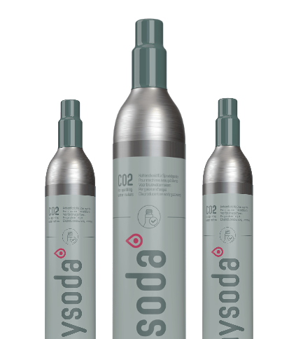 Three Mysoda CO2 cylinders for sparkling water makers with green sleves side by side.
